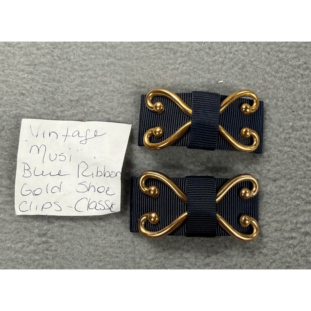 Vintage MUSI Shoe Clips Navy Blue Grosgrain Ribbon Gold Scroll Bow Pair Preppy